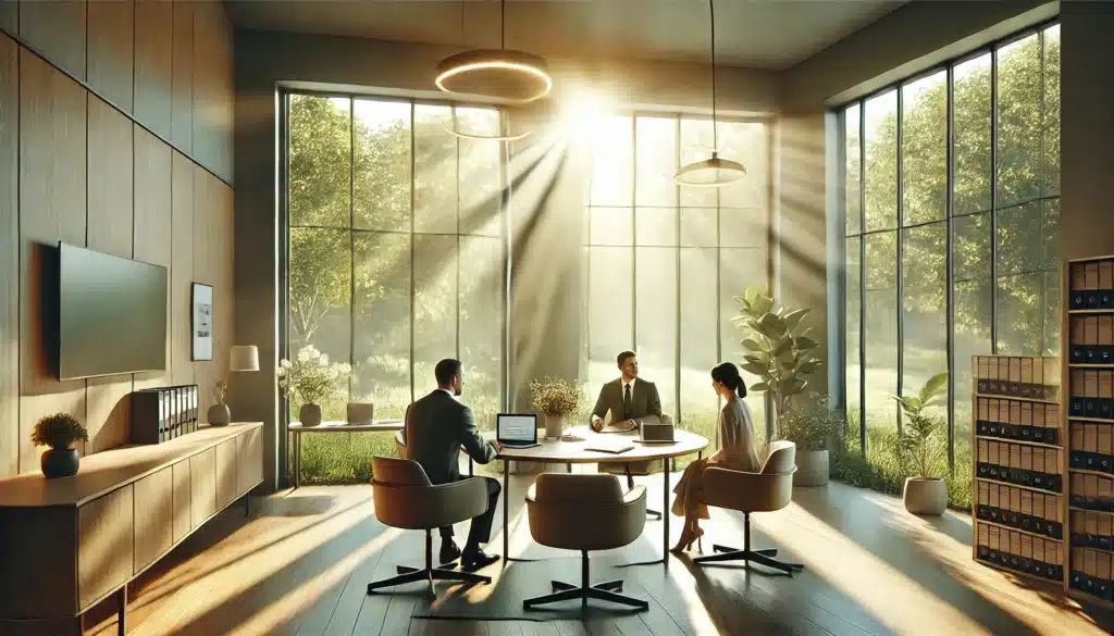 A cinematic, wide-angle, photo-realistic summer scene depicting a serene office setting with large windows letting in natural sunlight. The room features a round table where a mediator sits with a couple, discussing family law mediation. Papers and laptops are on the table, and the atmosphere is professional yet welcoming. Outside the windows, greenery and soft summer sunlight create a peaceful backdrop. The scene conveys clarity, collaboration, and the calming nature of the mediation process.