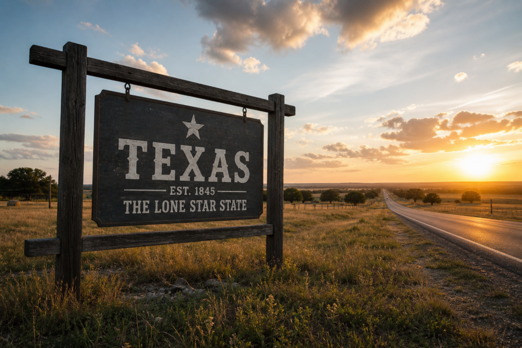 Wide-angle, photorealistic Texas landscape at sunset featuring a rustic wooden “Texas – Est. 1845” sign beside an open country road, with golden summer light, grazing cattle, windmill, and expansive sky in the background.