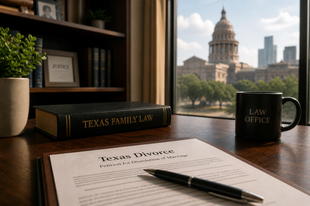 Wide, cinematic photo of a Texas law office desk with a “Texas Divorce” document and pen in the foreground, a “Texas Family Law” book and coffee mug nearby, and the Texas Capitol visible through a sunlit window in the background.