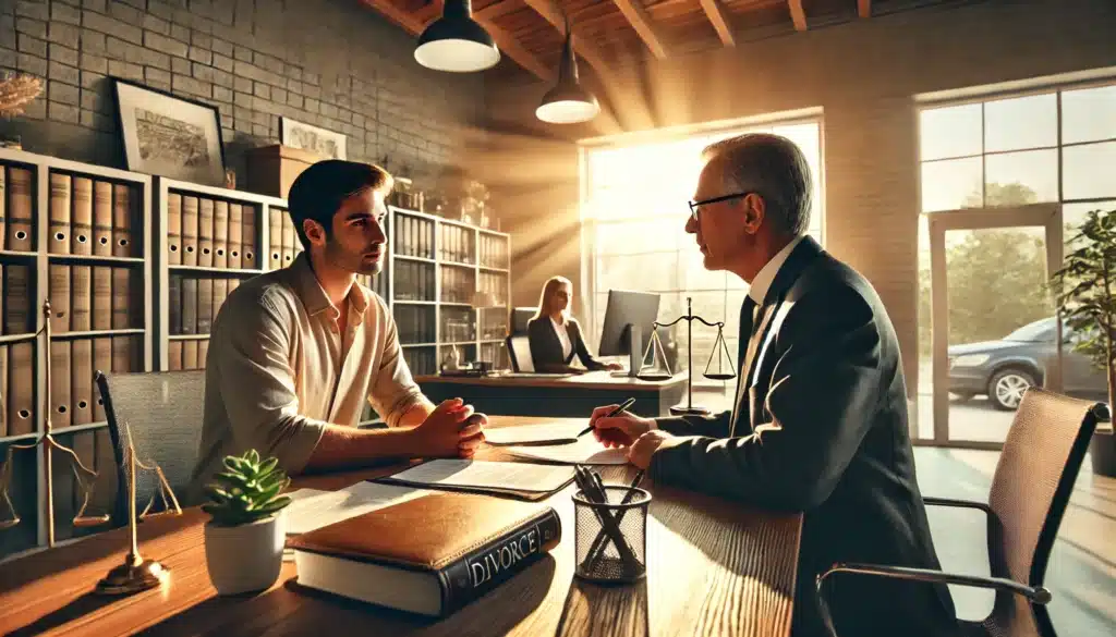 A cinematic, wide-angle, photo-realistic image with summer vibes showing a professional consultation between a divorce attorney and a client. The scene is set in a modern, well-lit office with warm natural sunlight streaming through the windows. The attorney, a confident professional, is sitting at a desk, listening attentively to the client, who is holding documents. The atmosphere is calm and focused, conveying a sense of trust and important legal discussions. The background shows shelves with legal books and a calm, inviting workspace, enhancing the professional yet relaxed vibe.