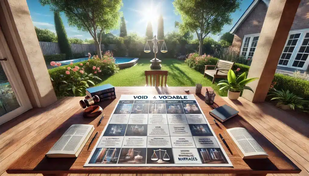 A cinematic, photo-realistic, wide-angle image capturing the concept of a comparison between void and voidable marriages. The scene features an outdoor setting with a polished wooden table under a sunny, summer sky. On the table is a large, neatly arranged comparison chart on paper, highlighting key differences between void and voidable marriages. The chart includes clear sections and is surrounded by books, notepads, and a laptop, giving it a professional yet approachable feel. The background shows a serene garden with lush greenery, evoking a warm and inviting summer atmosphere. The image conveys clarity and focus on legal concepts in a visually engaging way.