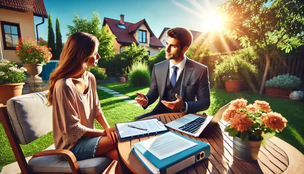 A wide-angle, photo-realistic, cinematic image with summer vibes, showcasing the advantages of hiring uncontested divorce attorneys. The image features a professional attorney seated outdoors with a client, explaining documents on a table with a laptop and legal files. The setting is warm and sunny, surrounded by lush greenery, evoking a sense of calm and professionalism. The client looks relaxed and reassured, symbolizing trust and the benefits of expert guidance. The background includes a peaceful suburban scene with vibrant summer tones.
