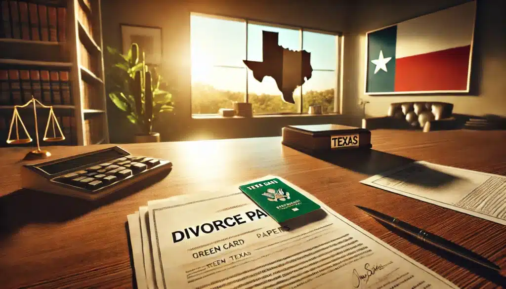 A wide-angle, photo-realistic, cinematic image with summer vibes, depicting a symbolic representation of green card divorce in Texas. The scene shows a legal document labeled 'Divorce Papers' on a desk with a green card partially visible next to it. Sunlight streams through a nearby window, casting soft, warm tones across the desk. In the background, a subtle outline of the Texas state map is displayed on a wall, blending with the overall ambiance of reflection and complexity. The setting feels serene yet thought-provoking, capturing the emotional and legal intricacies involved.