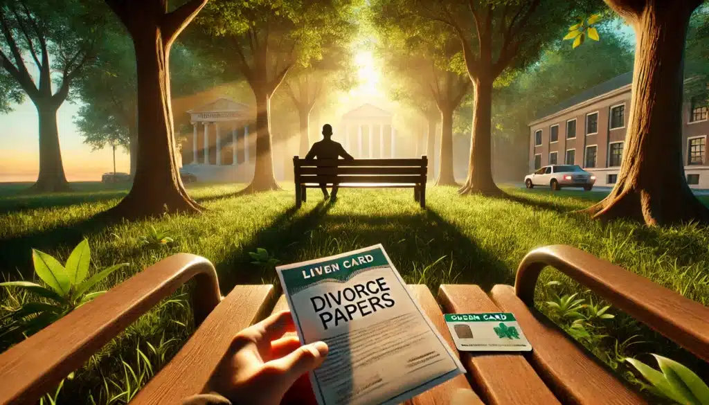 A wide-angle, photo-realistic, cinematic image with summer vibes, depicting a symbolic representation of the challenges faced by green card holders during divorce. The scene shows a person sitting alone on a park bench, holding a legal document labeled 'Divorce Papers,' with a green card resting beside them. The background features soft, warm sunlight filtering through trees, creating a serene yet emotionally reflective atmosphere. A distant courthouse is subtly visible through the trees, symbolizing the legal hurdles involved. The composition highlights both the emotional and legal complexities of the situation.