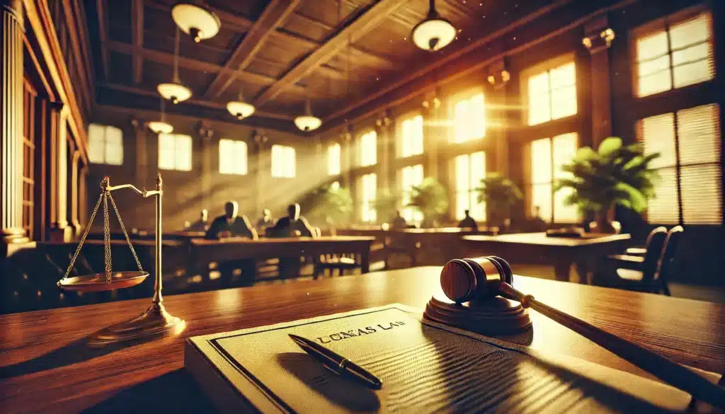 A cinematic, wide-angle, photo-realistic depiction of a summer scene in Texas. The image shows a blurred interior of a courtroom, with warm sunlight streaming through large windows. In the foreground, subtle details of legal documents and a judge's gavel are in focus, while the background features blurred figures of attorneys and clients, evoking the theme of Texas courts dealing with common law divorce. The atmosphere is professional yet inviting, with a hint of summer warmth and serenity.