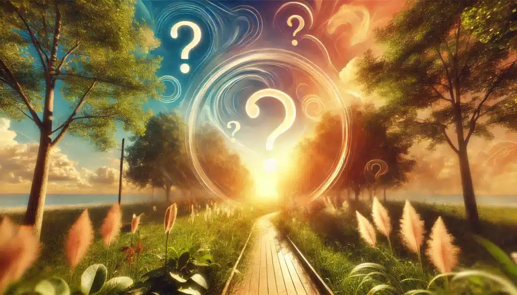 A cinematic, wide-angle, photo-realistic depiction of a summer scene with an abstract representation of common misconceptions about common law marriage. The image features soft, blurred elements symbolizing confusion, such as overlapping wedding rings, question marks subtly etched into a glowing sky, and a pathway splitting into two directions surrounded by lush greenery. The summer vibes are evoked through warm sunlight, vibrant colors, and a serene natural backdrop. The abstract theme creates a thought-provoking yet visually engaging atmosphere.