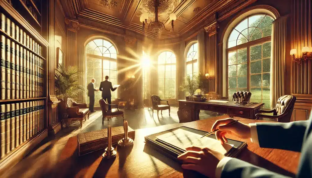 A cinematic, wide-angle, photo-realistic depiction of a summer scene inside an elegant law office. The image features a blurred office setting with warm sunlight streaming through large windows, casting golden highlights on polished wooden furniture and a desk with neatly arranged legal documents. In the foreground, a pair of hands is seen flipping through papers, symbolizing professional assistance. The background includes blurred figures of attorneys collaborating, evoking the benefits of working with experienced legal professionals. The summer vibes are accentuated with greenery outside the windows and a serene, welcoming atmosphere.