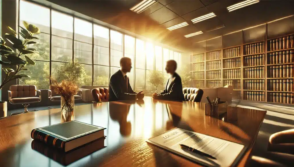 A cinematic, wide-angle, photo-realistic depiction of a summer scene inside a professional office. The image shows a blurred lawyer and client seated across a polished desk, engaged in a meeting. Warm sunlight filters through large windows, illuminating the room and creating soft highlights on the legal documents spread on the desk. The background features bookshelves and subtle greenery visible through the windows, enhancing the summer vibes. The atmosphere conveys professionalism, trust, and calm, symbolizing the process of finding the right legal help.