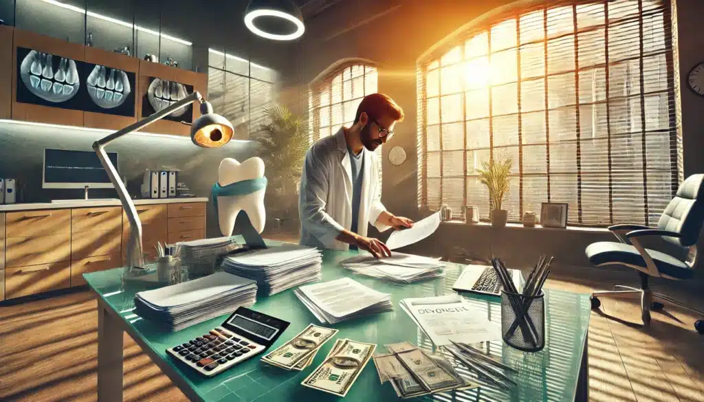 A wide-angle, photo-realistic, cinematic image with summer vibes, featuring a dentist in a well-lit, modern office, organizing financial documents for a divorce. The dentist is seated at a large desk covered with papers, a laptop, and a calculator. The scene includes a mix of professional and personal touches, such as a framed family photo and dental tools in the background. Large windows let in warm, natural sunlight, creating a bright and focused atmosphere. The image conveys a sense of determination and preparation during a challenging time.