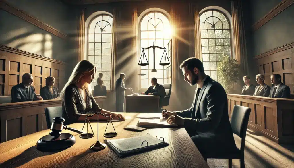 A photo-realistic, cinematic wide-angle image symbolizing the impact of adultery on custody arrangements. The scene features a courtroom setting on a summer day, with sunlight streaming through large windows. In the foreground, a mother and her attorney sit at a table, reviewing documents with a tense expression, while on the opposite side, a father sits with his attorney. A symbolic pair of scales of justice is subtly placed on the judge’s bench in the background. The atmosphere conveys a mix of seriousness and hope, capturing the emotional weight of custody decisions influenced by adultery.