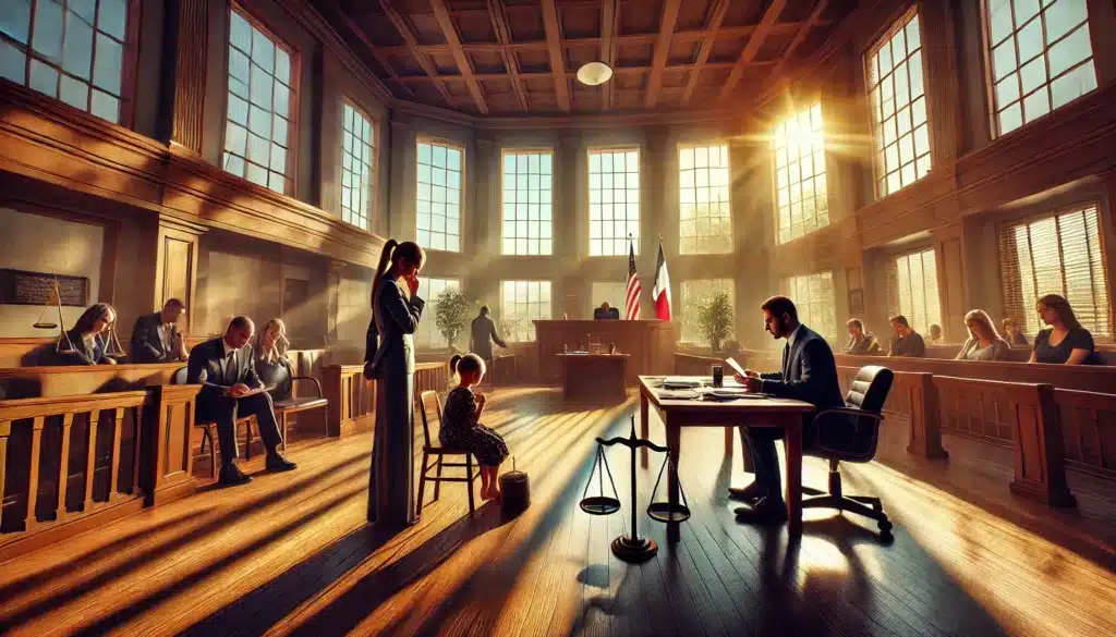 A photo-realistic, cinematic wide-angle image depicting the complex nature of custody disputes involving adultery. The scene shows a courtroom on a sunny summer day, with warm sunlight streaming through tall windows. In the foreground, a tense moment unfolds as attorneys for both parents present their cases to the judge. A mother sits at one table with a thoughtful expression, while the father sits at another table, reviewing documents with his attorney. The background features a Texas flag and symbolic scales of justice, emphasizing the seriousness and complexity of custody cases. The image captures a dramatic yet professional atmosphere.
