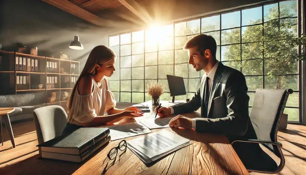 A photo-realistic, cinematic wide-angle image illustrating steps to protect custody rights after infidelity. The scene depicts a family law attorney sitting with a client (a parent) at a sunlit wooden desk in a modern office, reviewing legal strategies with detailed documents spread out. Outside the large windows, a bright summer day with green trees and sunlight creates a calm and hopeful vibe. The parent looks determined, taking notes, while the attorney gestures confidently, symbolizing guidance and preparation for custody protection. The atmosphere is professional, warm, and encouraging.