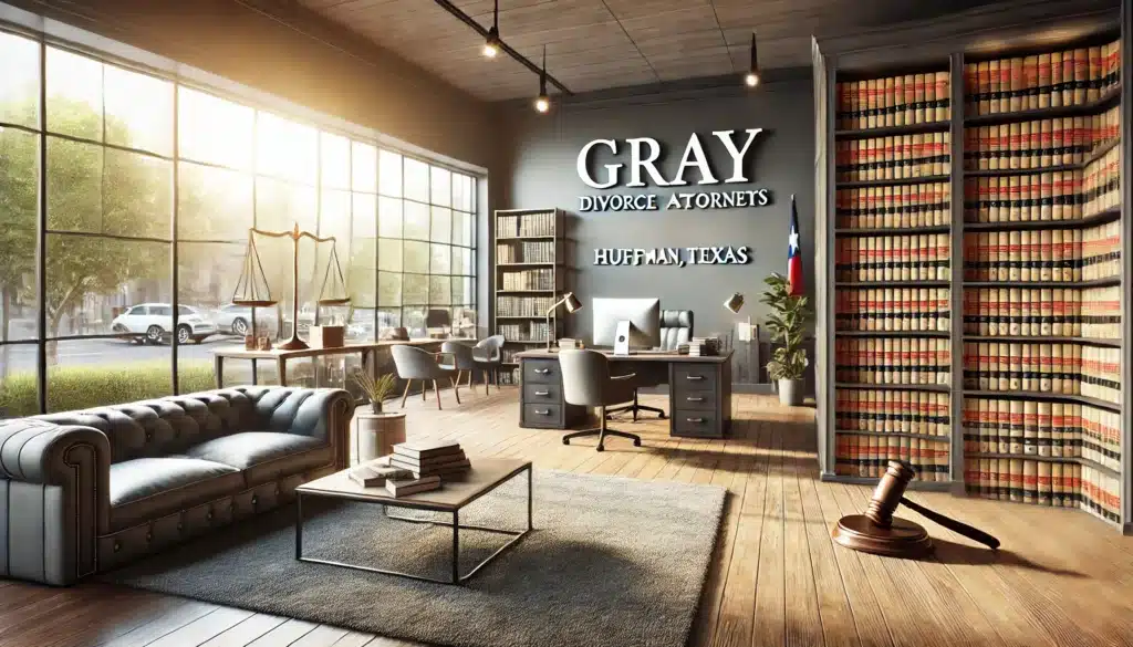 A cinematic, wide-angle, photo-realistic image of a professional legal office setting on a sunny summer day, representing gray divorce attorneys in Huffman, Texas. The office features large windows letting in natural light, modern furniture, and a welcoming atmosphere with law books, organized files, and a desk with a laptop. In the background, subtle hints of Texas culture, such as a small state flag or local art, are visible. The mood is professional yet approachable, symbolizing expertise and client support.