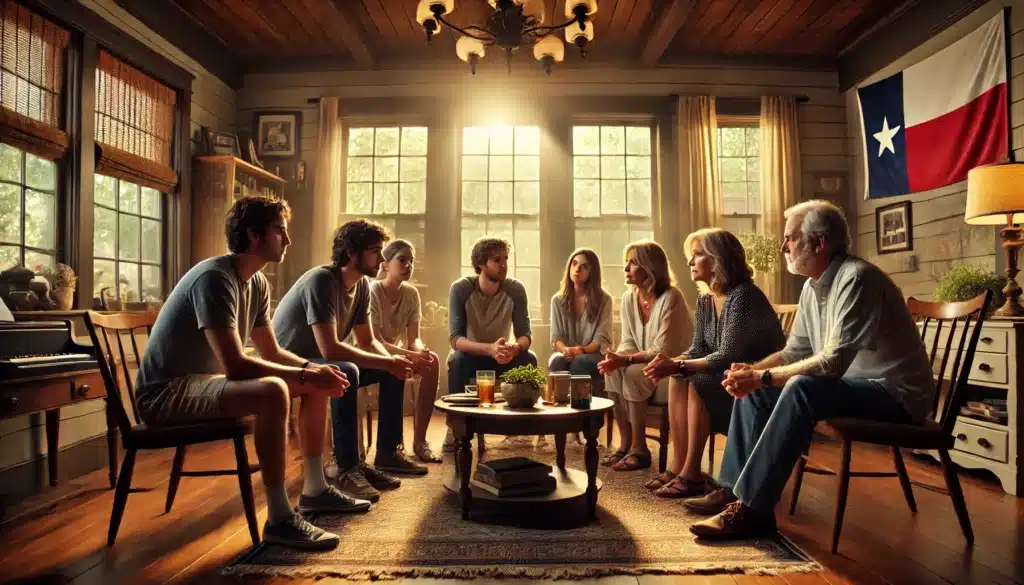 A cinematic, wide-angle, photo-realistic image capturing the emotional dynamics of a family meeting during a gray divorce on a sunny summer day. The scene features a middle-aged couple sitting with their adult children in a cozy, well-lit living room with large windows. The group is engaged in a heartfelt conversation, with a mix of serious and supportive expressions. The summer sunlight creates a warm, inviting atmosphere, and the room is decorated with family photos and subtle hints of Texas culture, such as a small Texas flag or rustic elements. The mood reflects emotional complexity and the importance of family bonds.
