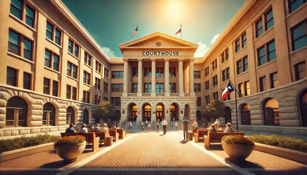 A wide-angle, photo-realistic, cinematic image with summer vibes capturing a Texas courthouse exterior in bright, sunny weather. The scene includes people entering the courthouse, some holding legal documents, with a clear blue sky and warm lighting emphasizing the welcoming yet formal atmosphere. The courthouse has architectural details typical of Texas, with an inviting pathway leading up to it.