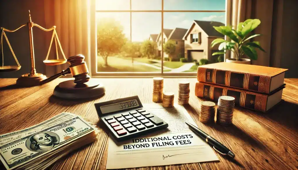 A wide-angle, photo-realistic, cinematic image with summer vibes illustrating the concept of additional costs beyond filing fees in a divorce process. The scene features a desk with legal documents, a calculator, and stacks of coins and dollar bills, set in a warm, sunny room. The background includes a slightly blurred view of a Texas suburban landscape through a large window, creating a thoughtful yet inviting atmosphere.