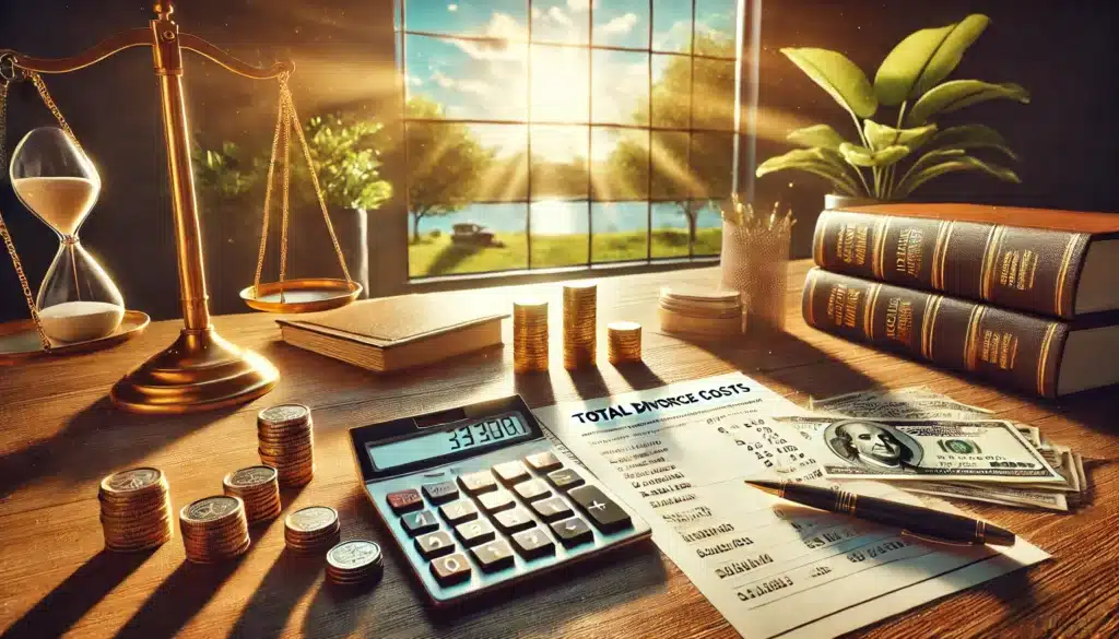 A wide-angle, photo-realistic, cinematic image with summer vibes depicting a breakdown of total divorce costs. The scene features a desk with a calculator, stacks of coins, a budget sheet, and legal documents, all illuminated by warm sunlight streaming through a large window. The background includes a subtle view of a Texas landscape with trees and a clear blue sky, creating an inviting and professional atmosphere. The overall composition conveys financial planning and clarity.