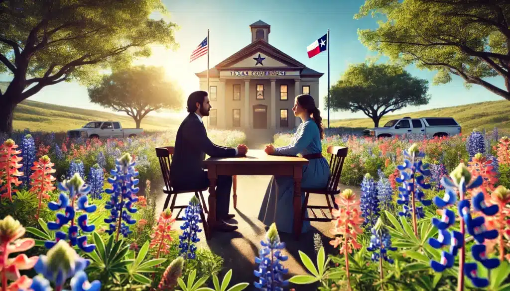 A cinematic, photo-realistic wide-angle image depicting the essence of a simple divorce process in Texas. The scene features two people sitting calmly across a wooden table outside in a peaceful summer setting, surrounded by blooming wildflowers like bluebonnets and Indian paintbrushes, with a Texas courthouse subtly visible in the background. The atmosphere is serene, with bright blue skies, warm sunlight, and a sense of amicable resolution. The setting evokes hope, clarity, and a fresh start.