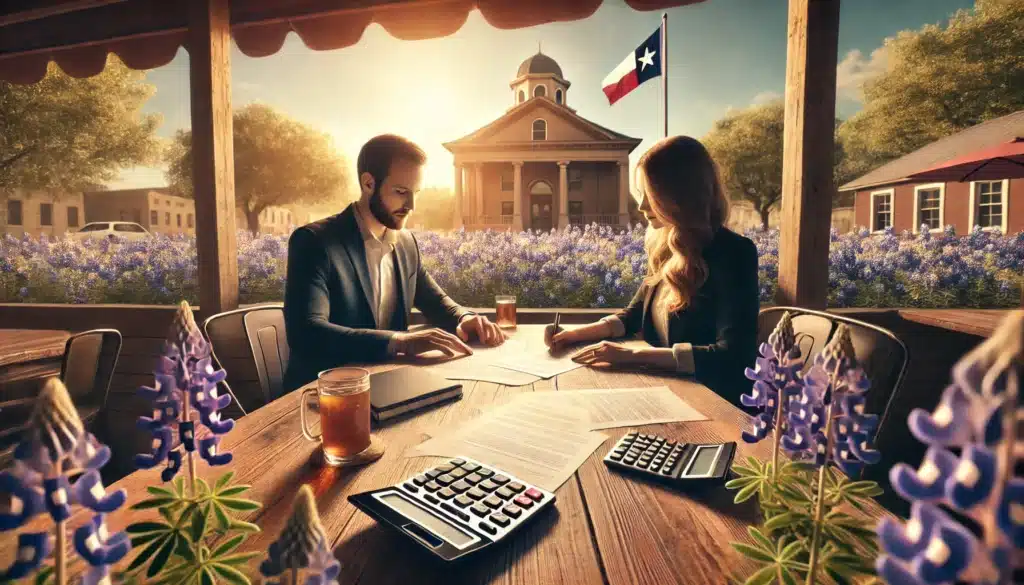 A cinematic, photo-realistic wide-angle image depicting the financial aspect of a simple divorce in Texas. The scene features a couple amicably reviewing documents at an outdoor café table, with a laptop and calculator on the table. The setting is summer, with warm sunlight, a background of blooming Texas wildflowers like bluebonnets, and a courthouse subtly visible in the distance. The atmosphere conveys clarity, cooperation, and resolution, highlighting the cost and simplicity of the process.