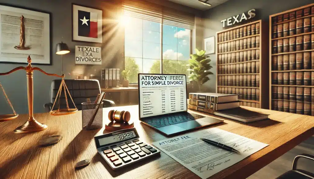 A cinematic, photo-realistic wide-angle image illustrating the concept of attorney fees for simple divorces. The scene features a professional office setting with a neatly organized wooden desk. On the desk, there are legal documents, an open laptop displaying a legal fee chart, and a calculator. Sunlight streams through a window, casting a warm summer glow, and the background includes subtle Texas elements, like a small framed Texas flag and a shelf with law books. The atmosphere conveys professionalism, clarity, and financial transparency.