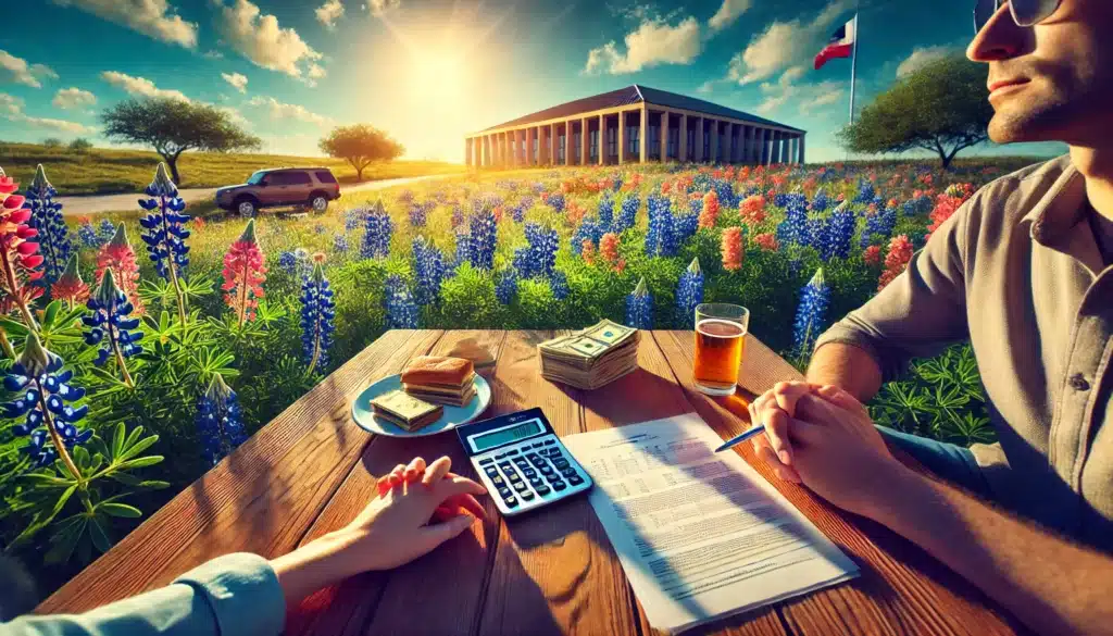 A cinematic, photo-realistic wide-angle image representing factors influencing the cost of a simple divorce in Texas. The scene shows a couple sitting at a picnic table in a sunlit park, discussing legal documents with a calculator and notepad on the table. The background features Texas wildflowers like bluebonnets and Indian paintbrushes, along with a subtle view of a courthouse in the distance. The summer atmosphere includes bright blue skies and warm sunlight, conveying clarity, decision-making, and financial planning.
