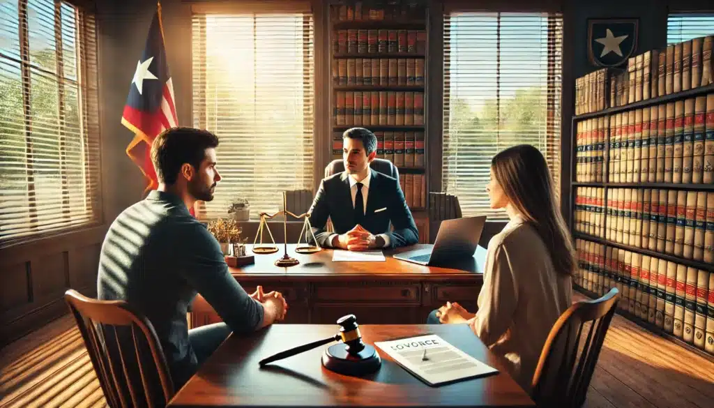 A cinematic, photo-realistic wide-angle image highlighting the importance of hiring an experienced family law attorney in a divorce case. The scene features a professional attorney's office with a couple sitting across from an attentive lawyer at a polished wooden desk. Legal documents and a laptop are on the desk, with bookshelves filled with law books and a small Texas flag in the background. Sunlight streams through large windows, casting a warm summer glow over the room, creating a professional yet approachable atmosphere.