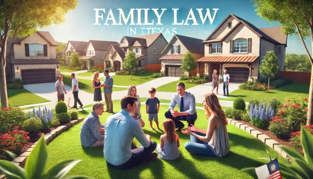 A cinematic, photo-realistic wide-angle image capturing a sunny summer day in Texas, showcasing a serene family-friendly suburban neighborhood. The image includes a family gathering in the foreground, engaging in a lighthearted conversation, symbolizing family law and harmony. In the background, there are well-maintained homes, a clear blue sky, and lush green trees, exuding a sense of warmth and community. The scene is inviting, relatable, and professional, reflecting the essence of family law in Texas.