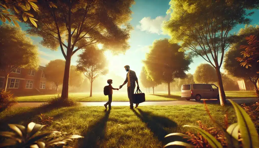 A cinematic, photo-realistic wide-angle image depicting child custody arrangements in a summer setting. The scene shows a family in a serene park with lush green grass and tall trees under a clear blue sky. A parent is handing a backpack to the other parent, symbolizing a peaceful custody exchange. The atmosphere is warm and harmonious, with a sense of cooperation and understanding, embodying the essence of child custody arrangements. The lighting is soft and golden, enhancing the summer vibes and cinematic feel.