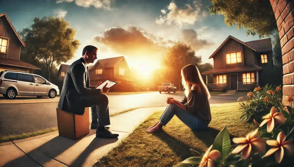A cinematic, photo-realistic wide-angle image representing domestic violence and the importance of protective orders. The scene captures a summer day with warm, golden lighting, showing a concerned individual speaking with a supportive legal professional in an outdoor setting, symbolizing safety and empowerment. In the background, there is a calm suburban neighborhood with lush green trees and a clear blue sky, emphasizing a sense of protection and hope. The image conveys seriousness and care, aligning with the theme of addressing domestic violence and securing protective orders.