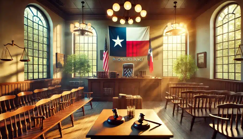 A cinematic, photo-realistic wide-angle image of a Texas courtroom setting with summer vibes. The scene features warm natural light streaming through large windows, illuminating wooden benches, a judge’s bench, and the Texas state flag prominently displayed. The atmosphere conveys seriousness with a touch of warmth. Subtle details like legal books, papers, and a gavel on the judge’s bench enhance the focus on divorce residency requirements. The image evokes both professionalism and approachability.