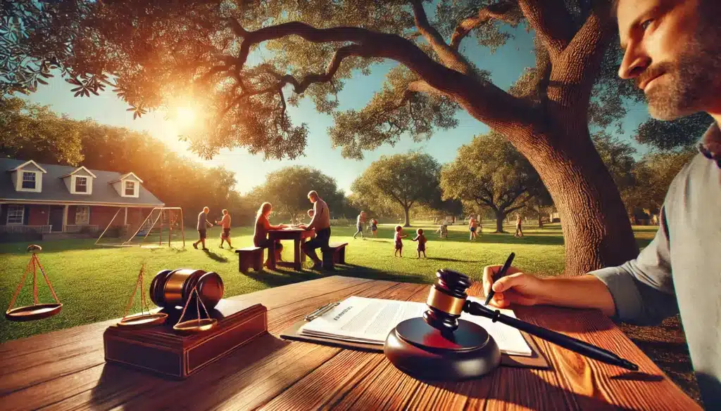 A cinematic, photo-realistic wide-angle image capturing summer vibes. The scene illustrates key elements of a Texas custody order. A symbolic gavel and legal documents rest on a table under a shady oak tree in a vibrant park, with parents calmly discussing arrangements nearby. Children play in the distance, evoking harmony and the importance of family. The setting is bathed in warm sunlight, highlighting the significance of understanding custody agreements.