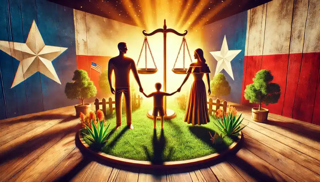 A wide-angle, photo-realistic, cinematic summer vibe image illustrating the concept of custody orders in Texas. The image features symbolic elements like two parents standing on either side of a child holding hands, with a warm sunlit background in a Texas-themed setting. A balance scale subtly integrates into the scene to represent justice, and vibrant summer greenery surrounds the family, emphasizing hope and stability.