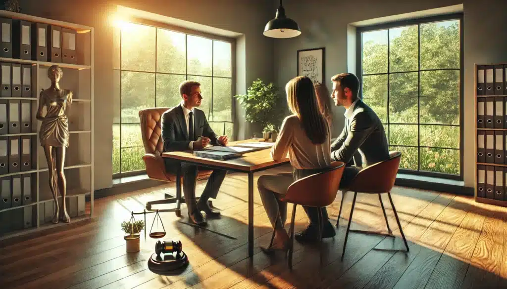 A wide-angle, photo-realistic, cinematic summer vibe image of a family law attorney consulting with clients in an office setting. The attorney is seated at a polished wooden desk with open legal documents, explaining custody orders to a couple sitting across from them. The room features large windows with sunlight streaming in, highlighting greenery outside, creating a warm and professional atmosphere. Subtle summer decor, like a small vase of flowers, adds to the inviting ambiance.