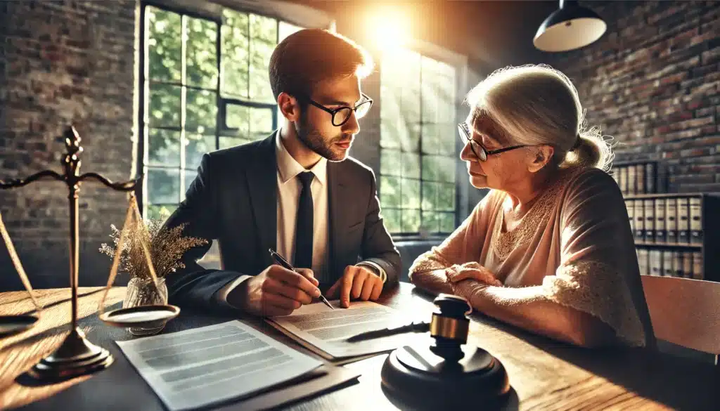A wide-angle, photo-realistic, cinematic image depicting a knowledgeable attorney discussing legal strategies with a grandparent on a warm summer day. The scene shows the attorney and the grandparent sitting at a table in a well-lit office, with legal documents spread out in front of them. The attorney is pointing to the paperwork while explaining the legal process, and the grandparent listens attentively. The atmosphere is calm, professional, and supportive, with natural light filtering through the windows, casting a warm glow over the room. The image highlights the importance of legal support in navigating grandparents' rights issues.