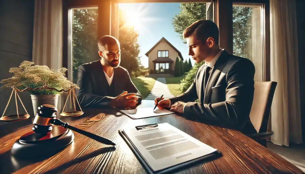 A wide-angle, photo-realistic, cinematic summer-themed image illustrating the role of legal representation in family law. The scene features a professional attorney and a client sitting outdoors at a polished wooden table, discussing legal documents under a bright summer sky. The attorney is holding a pen, pointing to a document, while the client looks focused and engaged. In the background, a calm suburban setting with trees and sunlight filtering through creates a serene summer vibe, emphasizing professionalism and support.