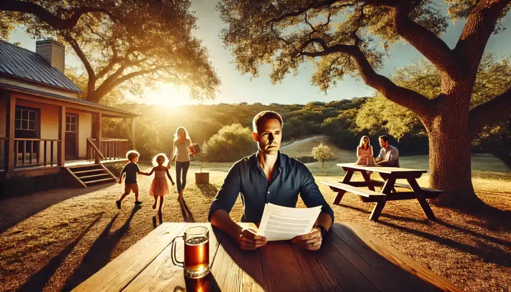 A cinematic, photo-realistic, wide-angle image of a warm summer scene in Texas. A confident parent sits at a picnic table in a peaceful park with legal documents in hand, looking determined while children play in the background. The landscape features sunlit trees, a clear blue sky, and soft golden light, emphasizing family and empowerment. The setting conveys clarity and a sense of purpose regarding parental rights in custody cases.