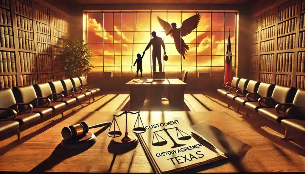 A cinematic, photo-realistic wide-angle image with summer vibes, depicting a conceptual representation of parental kidnapping in Texas. The scene includes a symbolic depiction of a courtroom with scales of justice, a legal document labeled 'Custody Agreement,' and a parent reaching for a child silhouetted against a dramatic sunset. Warm summer light streams through large windows, creating a vibrant yet somber atmosphere that reflects the seriousness of the legal issue.