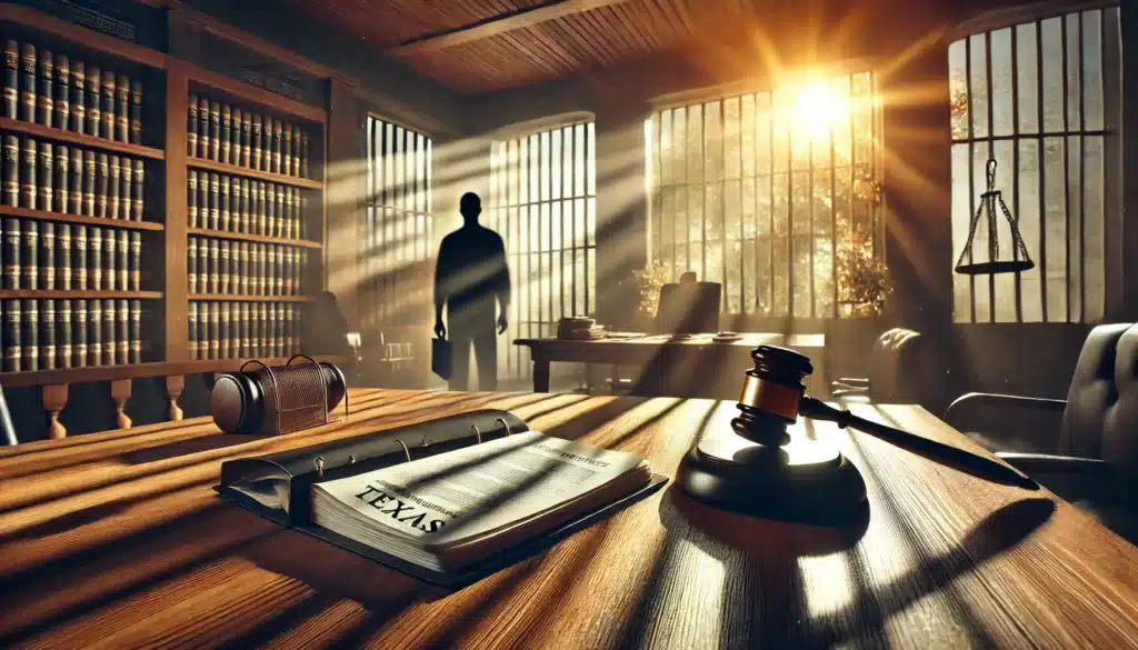 A cinematic, photo-realistic wide-angle image with summer vibes, depicting a symbolic representation of understanding criminal penalties for parental kidnapping in Texas. The scene shows a courtroom interior with a judge’s gavel on a desk, legal documents prominently displayed, and a dramatic backdrop of warm sunlight streaming through large windows. In the distance, a shadowy figure represents a parent facing judgment, highlighting the gravity of legal consequences.
