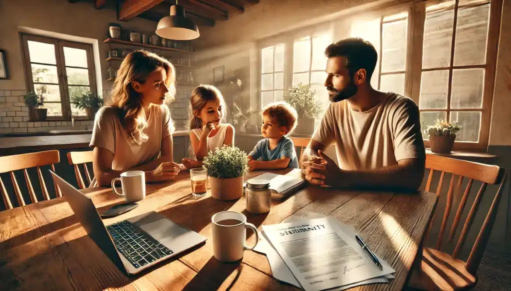 A wide-angle, photo-realistic, cinematic image with summer vibes showing a family of four sitting around a dining table, engaged in a discussion about the importance of establishing paternity. The scene is warm, with natural light streaming through large windows, creating a relaxed, thoughtful atmosphere. The family includes a mother, father, and two children, all sharing a serious yet caring conversation. Subtle details, like coffee mugs, papers with legal documents, and a laptop open with a legal website, add depth to the discussion.