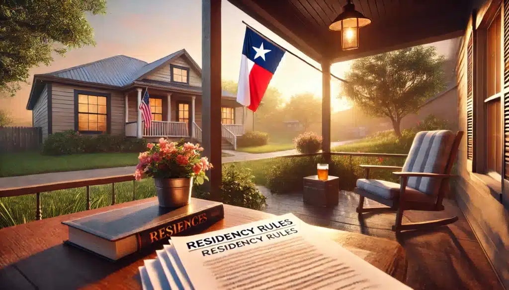 A wide-angle, photo-realistic, cinematic image capturing summer vibes in Texas. The scene depicts a tranquil suburban setting with a Texas flag gently waving on a porch. A table on the patio holds legal documents with bold headings like 'Residency Rules' and 'Exceptions.' A soft golden sunset casts a warm glow over the area, symbolizing clarity and optimism. The environment reflects themes of legal guidance, family transitions, and understanding exceptions to standard residency rules in Texas divorce.