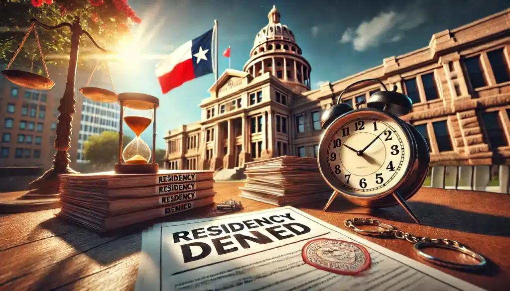 A wide-angle, photo-realistic, cinematic image capturing summer vibes in Texas. The scene features a courthouse in the background with a Texas flag flying high. In the foreground, a table on a sunlit patio holds a stack of legal documents stamped 'Residency Denied' alongside a clock symbolizing missed deadlines. The warm summer sunlight casts a dramatic yet reflective glow over the setting, evoking themes of consequences, legal setbacks, and the importance of meeting residency requirements for divorce in Texas.