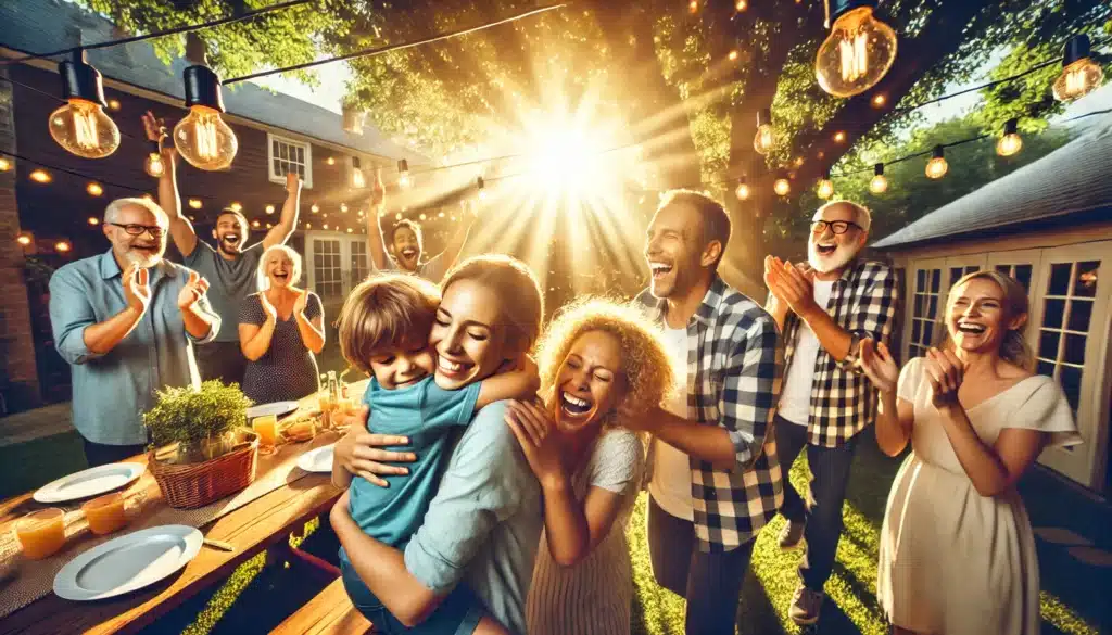 A wide-angle, photo-realistic, cinematic image of a joyful family celebrating after adopting a child from foster care. The scene is set in a sunlit backyard with warm summer vibes, where parents embrace their newly adopted child while siblings and grandparents cheer. The atmosphere is filled with happiness and love, with string lights hanging, a picnic table filled with food, and a sense of a new beginning.