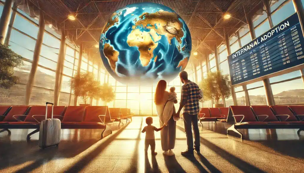 A wide-angle, photo-realistic, cinematic image illustrating the international adoption process. The scene features a diverse couple holding their newly adopted child at an airport, symbolizing their journey home. A large world map is displayed in the background, and warm summer sunlight streams through the airport windows. The atmosphere is filled with emotions of joy, anticipation, and the beginning of a new chapter.