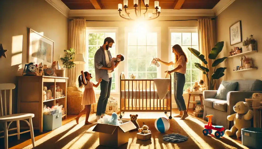 A wide-angle, photo-realistic, cinematic image of a family joyfully preparing their home for a new adopted child. The scene is set in a sunlit living room filled with warm summer vibes, where parents and siblings excitedly set up a nursery with toys, clothes, and decorations. Sunlight streams through large windows, creating a cozy and heartwarming atmosphere that symbolizes love, anticipation, and new beginnings.