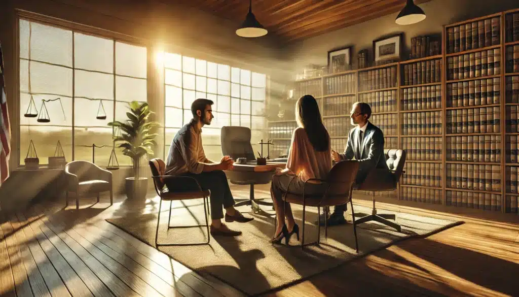 A photo-realistic, cinematic, wide-angle image of a termination of parental rights attorney in Katy, Texas, discussing a case with clients in a professional, yet comfortable setting. The scene takes place in a well-lit, modern office with warm summer light streaming through the windows, casting soft shadows. The attorney is seated at a desk, engaged in a serious conversation with clients, providing guidance and legal support. The background includes shelves with legal books and a window showing a serene view of the Texas landscape. The mood is focused, yet inviting, reflecting the important work of family law.
