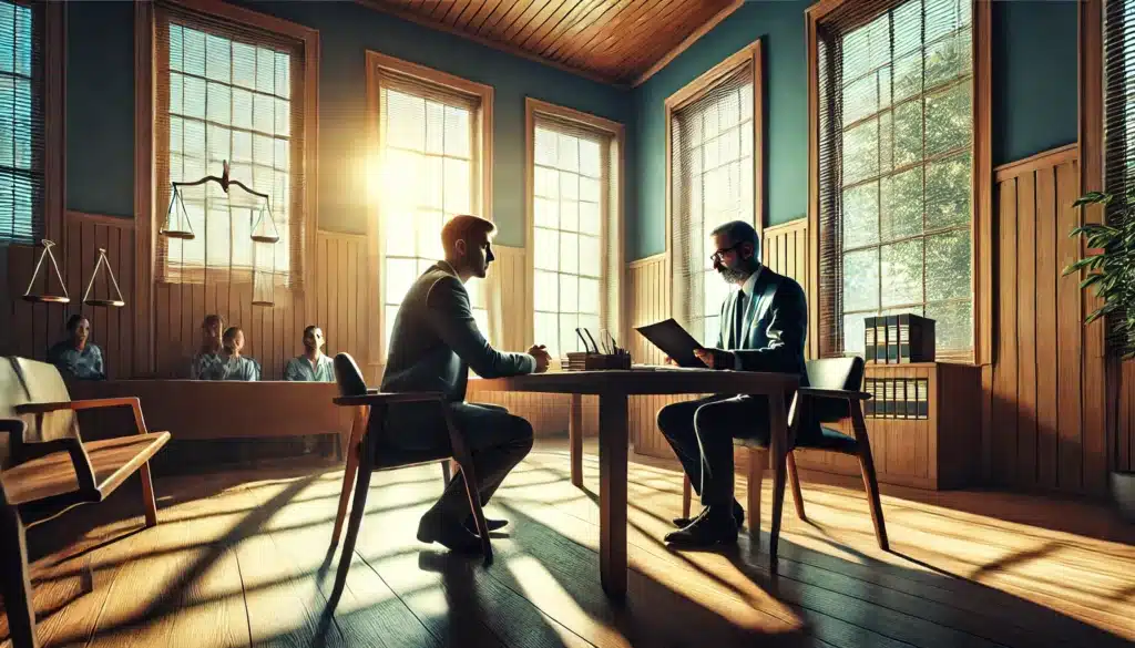 A wide-angle, photo-realistic, cinematic image with summer vibes, capturing a courtroom setting where a father is seated at a table discussing custody matters with an attorney. The scene includes natural light streaming through large windows, wood-paneled walls, and a professional yet inviting atmosphere. The father appears engaged and confident, while the attorney is attentive and professional, holding documents and providing guidance. The overall tone is one of focus, hope, and determination, emphasizing the importance of fathers' rights in legal proceedings.