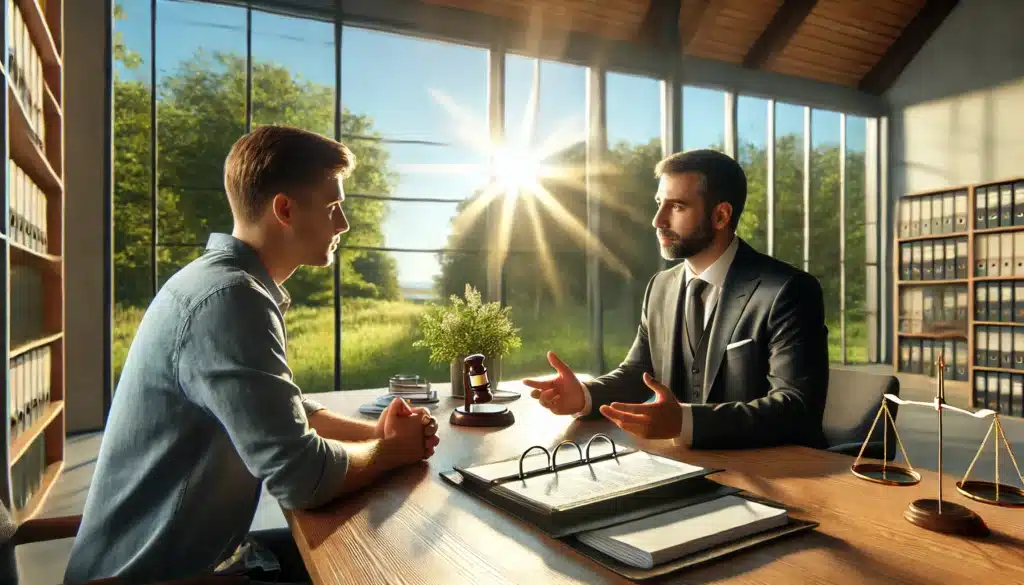 A wide-angle, photo-realistic, cinematic image with summer vibes, capturing a skilled family law attorney consulting with a father in a professional office setting. The scene features the attorney attentively discussing the father's legal rights, with open case files and legal documents on the desk. The background includes large windows with sunlight streaming in, revealing a serene outdoor summer view of greenery and blue skies. The father appears engaged and hopeful, while the attorney is focused and approachable, symbolizing guidance and support.