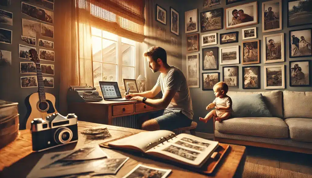 A wide-angle, photo-realistic, cinematic image with summer vibes, capturing a father documenting his involvement in his child's life. The father is seated at a desk with a journal and laptop, writing while reviewing photographs and mementos. Sunlight streams through a nearby window, illuminating the room with a warm summer glow. The background features family pictures and a cozy, welcoming home environment. The scene emphasizes love, dedication, and attention to detail, portraying the father’s commitment to preserving his role in his child’s life.