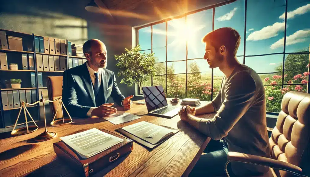 A wide-angle, photo-realistic, cinematic image with summer vibes, capturing a father discussing the legal enforcement of his rights with an attorney in a professional office setting. The father and attorney are seated across a desk with legal documents and a laptop open between them. The scene is well-lit by sunlight streaming through large windows, revealing a serene summer landscape of trees and blue skies outside. The father appears focused and determined, while the attorney is engaged and providing clear guidance. The overall tone reflects professionalism, hope, and a collaborative effort to uphold the father’s rights.