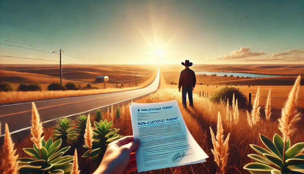 A wide-angle, photo-realistic, cinematic summer vibes image illustrating the concept of a non-custodial parent in Texas. The scene features a parent standing by a sunlit Texas landscape with open roads, a distant horizon, and a feeling of hope and uncertainty. The parent holds a document, symbolizing their rights and responsibilities, while the vast Texas sky and rolling plains provide a backdrop, evoking a sense of both challenge and optimism in family law matters.